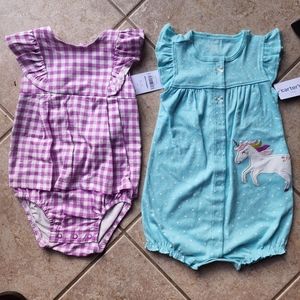 NWT 12-18 Months Carter's baby girl purple gingham sunsuit & blue unicorn romper